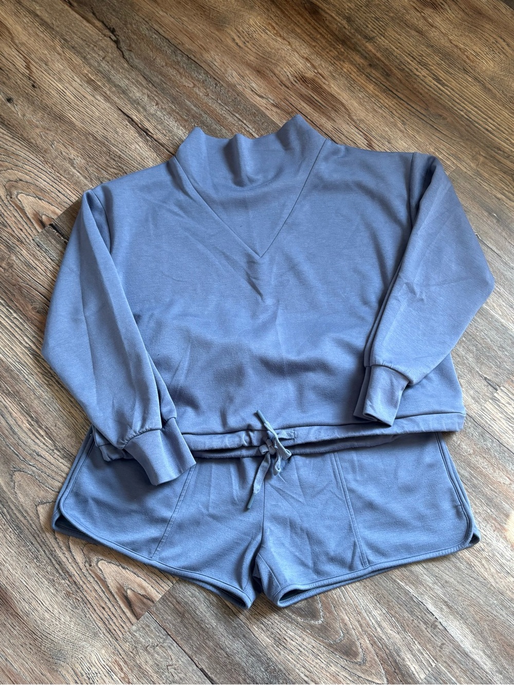 entro Dusty Blue Two-Piece Lounge Set - Mock Neck Sweatshirt & Drawstring Shorts